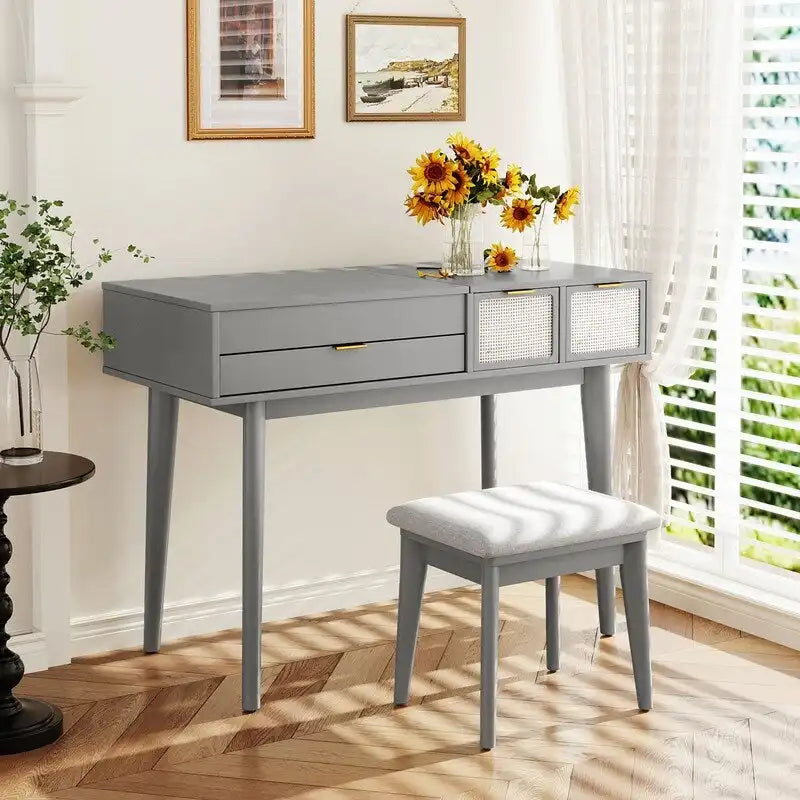 Wood Vanity Desk with Flip-top Makeup Mirror & Stool Dressing Table