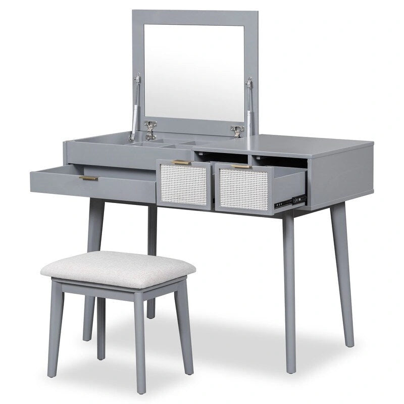Wood Vanity Desk with Flip-top Makeup Mirror & Stool Dressing Table