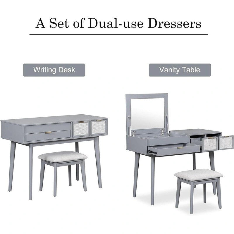 Wood Vanity Desk with Flip-top Makeup Mirror & Stool Dressing Table