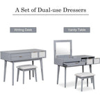 Wood Vanity Desk with Flip-top Makeup Mirror & Stool Dressing Table
