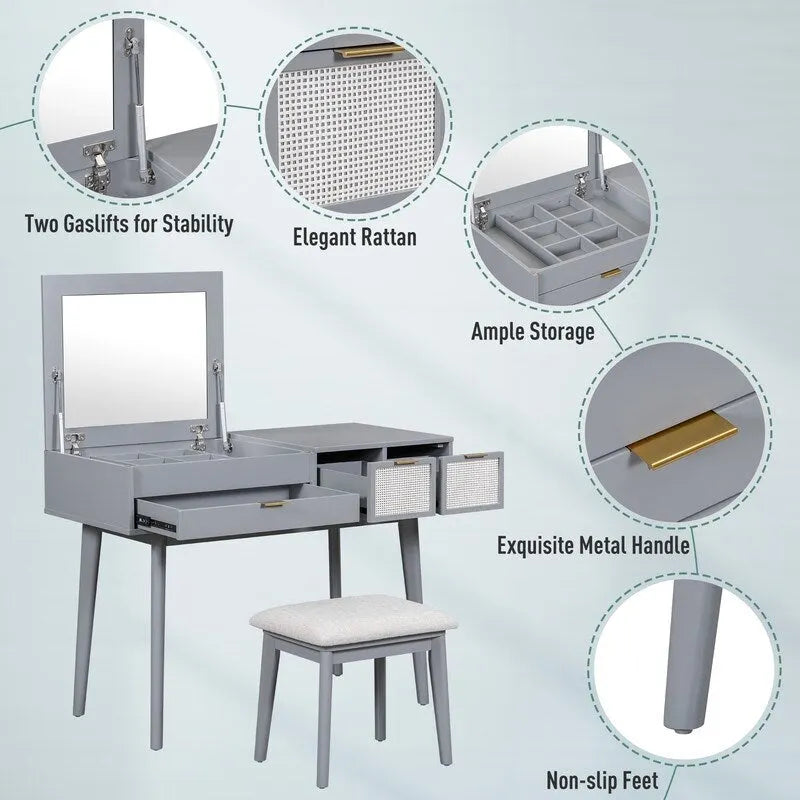 Wood Vanity Desk with Flip-top Makeup Mirror & Stool Dressing Table