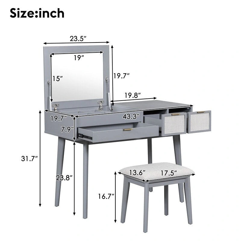 Wood Vanity Desk with Flip-top Makeup Mirror & Stool Dressing Table