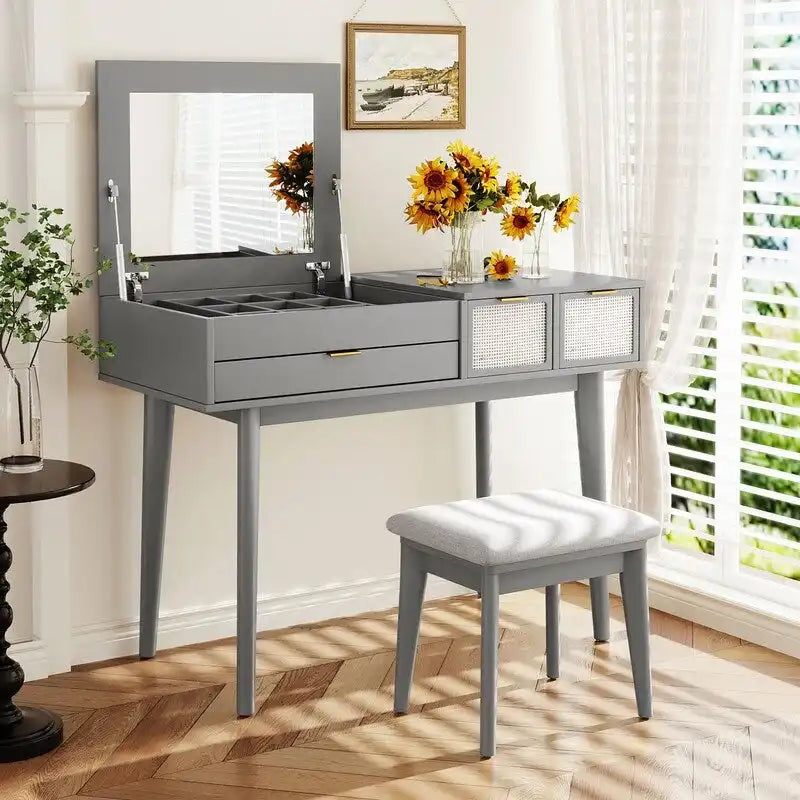 Wood Vanity Desk with Flip-top Makeup Mirror & Stool Dressing Table
