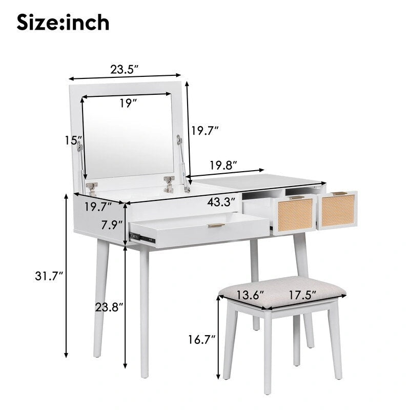 Wood Vanity Desk with Flip-top Makeup Mirror & Stool Dressing Table