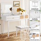 Wood Vanity Desk with Flip-top Makeup Mirror & Stool Dressing Table