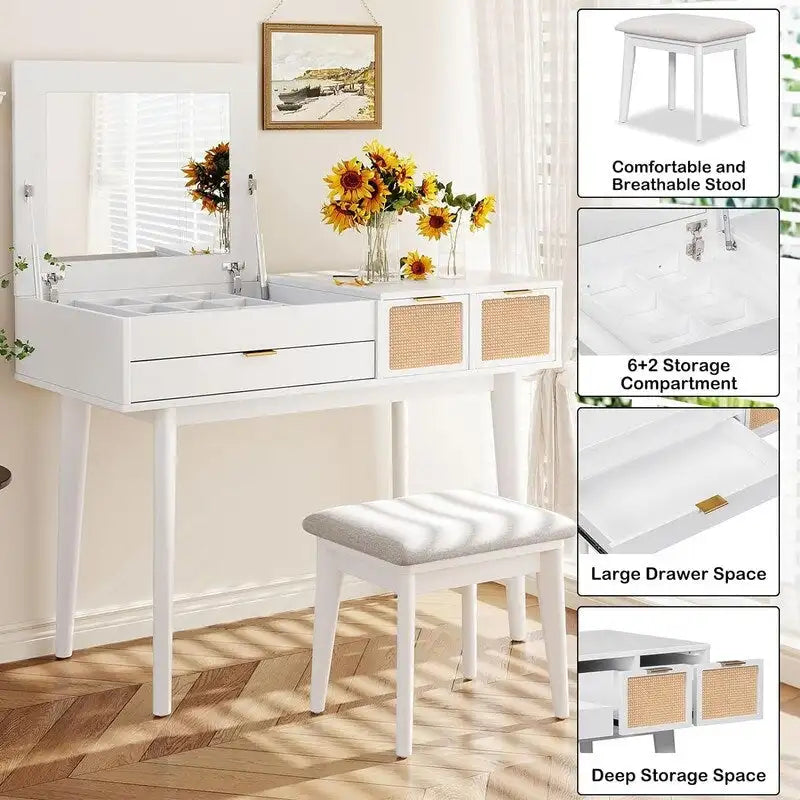 Wood Vanity Desk with Flip-top Makeup Mirror & Stool Dressing Table