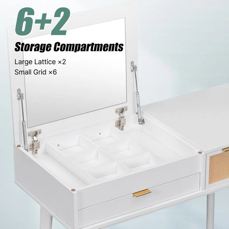 Wood Vanity Desk with Flip-top Makeup Mirror & Stool Dressing Table
