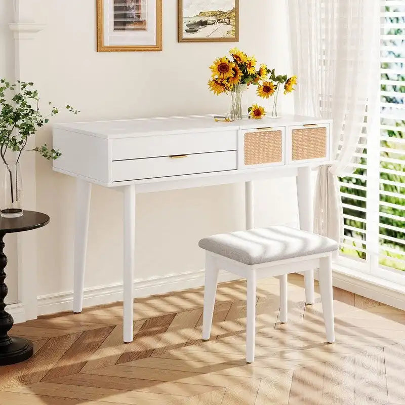 Wood Vanity Desk with Flip-top Makeup Mirror & Stool Dressing Table
