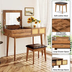 Wood Vanity Desk with Flip-top Makeup Mirror & Stool Dressing Table