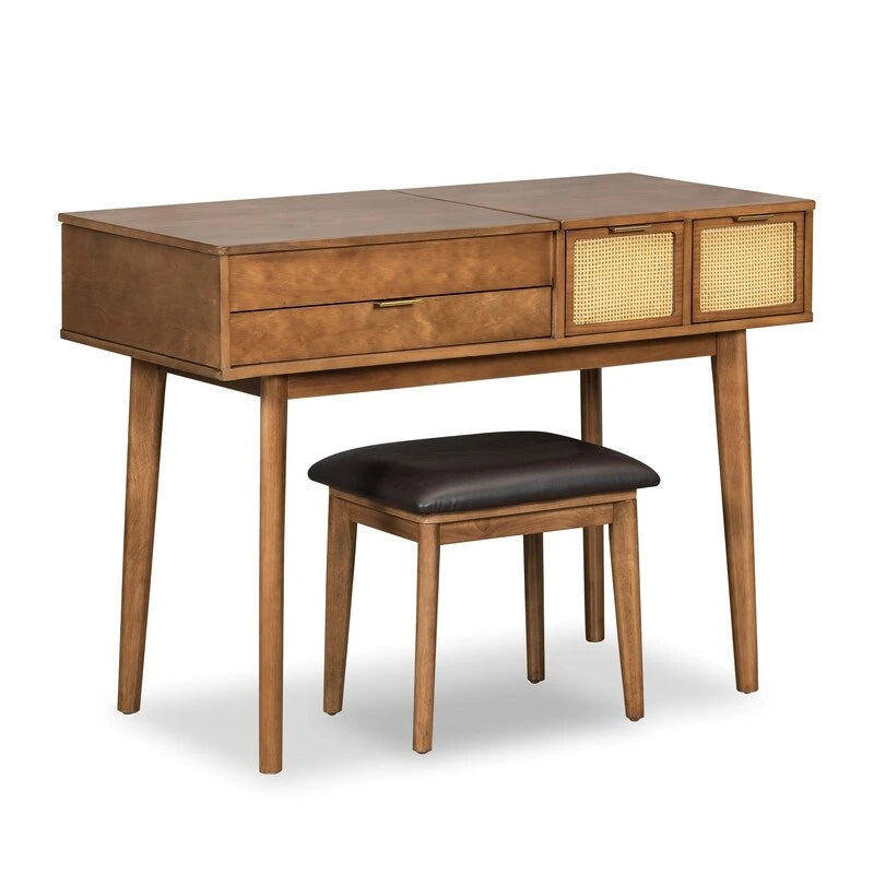 Wood Vanity Desk with Flip-top Makeup Mirror & Stool Dressing Table