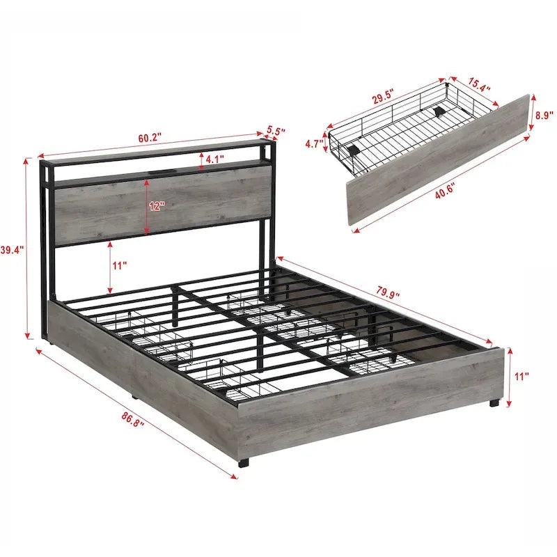 Queen Size Platform Bed with Headboard and 4 Storage Drawers