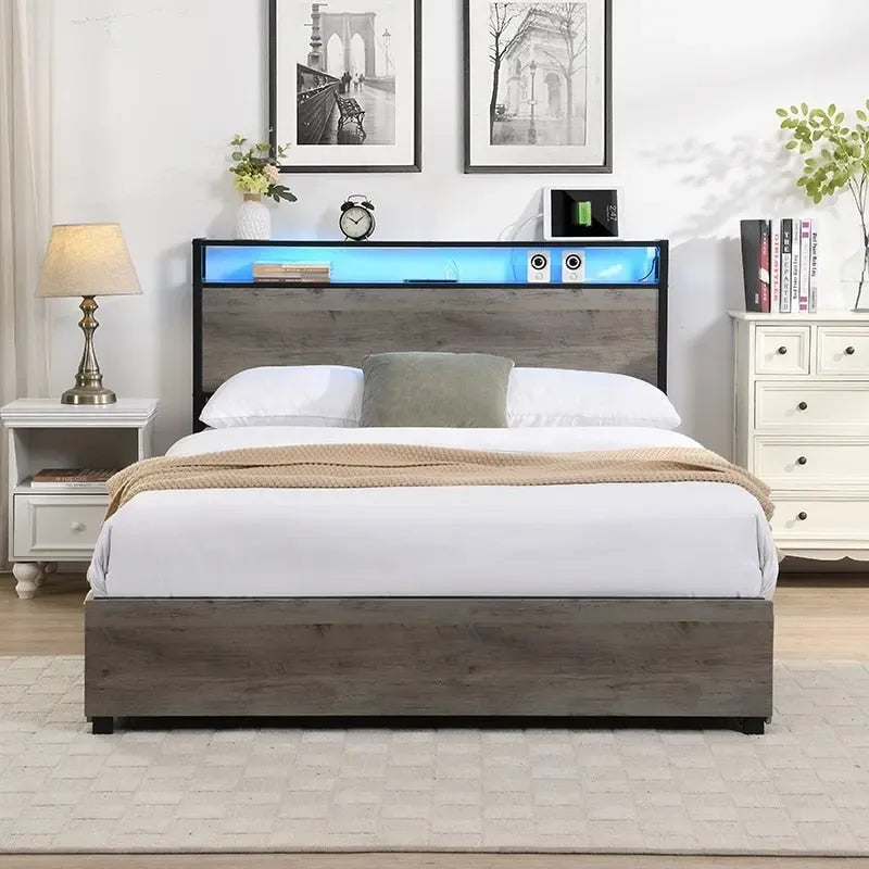 Queen Size Platform Bed with Headboard and 4 Storage Drawers