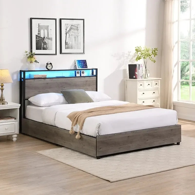 Queen Size Platform Bed with Headboard and 4 Storage Drawers