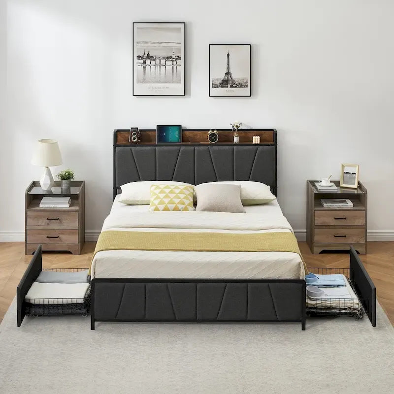 Bed Frame with 2 Storage Drawers and Charging Station