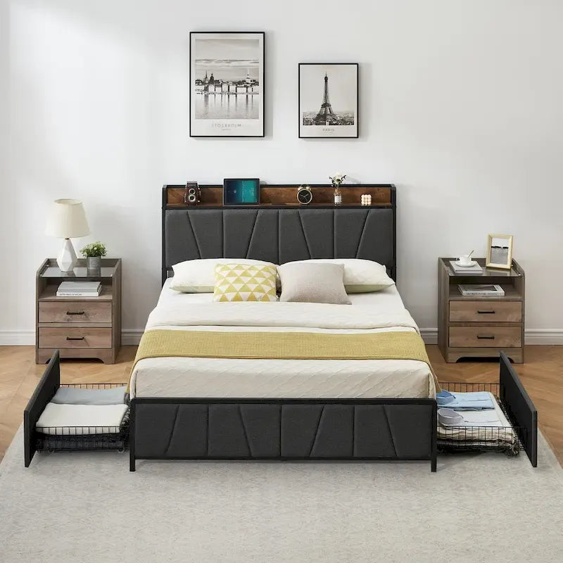 Bed Frame with 2 Storage Drawers and Charging Station
