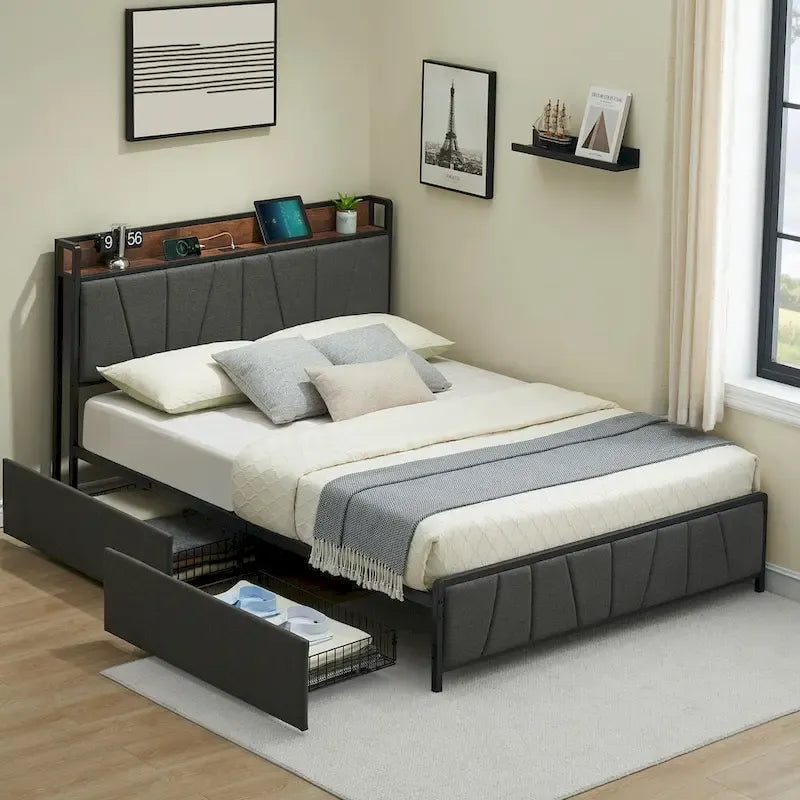 Bed Frame with 2 Storage Drawers and Charging Station
