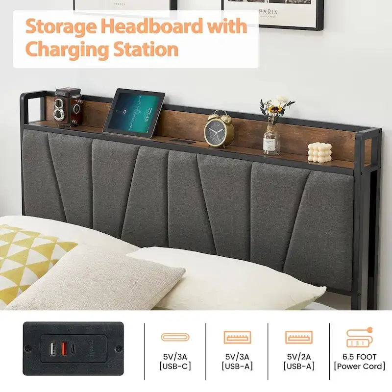 Bed Frame with 2 Storage Drawers and Charging Station