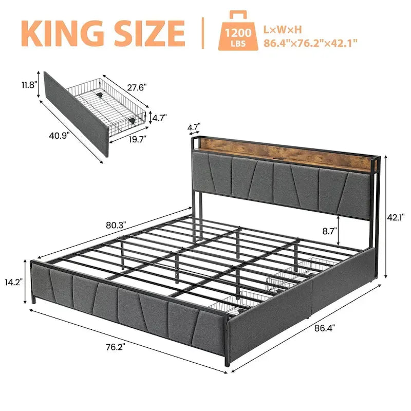 Bed Frame with 2 Storage Drawers and Charging Station