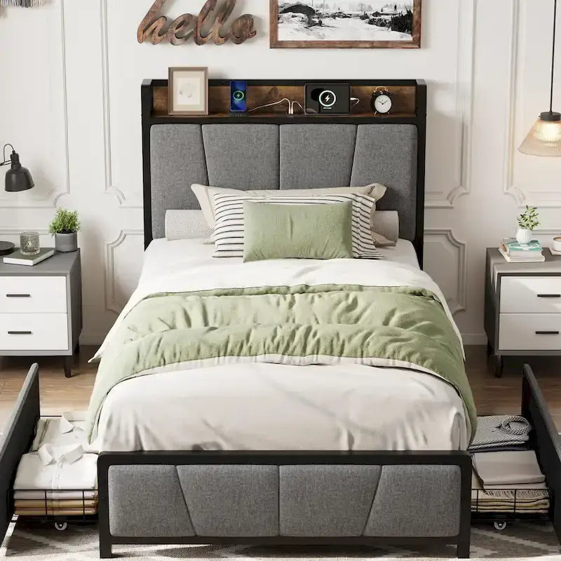 Bed Frame with 2 Storage Drawers and Charging Station