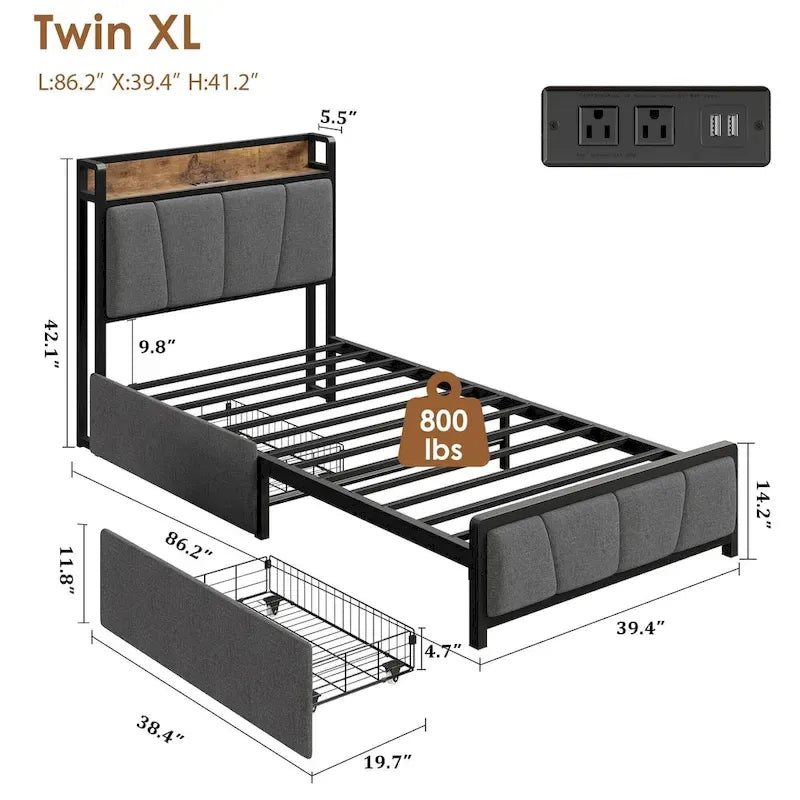 Bed Frame with 2 Storage Drawers and Charging Station