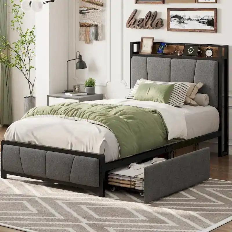 Bed Frame with 2 Storage Drawers and Charging Station