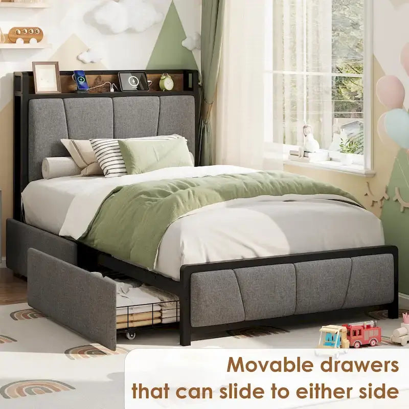 Bed Frame with 2 Storage Drawers and Charging Station