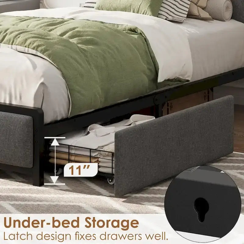 Bed Frame with 2 Storage Drawers and Charging Station