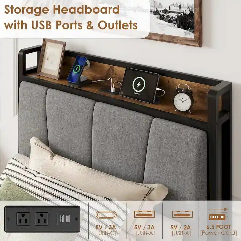 Bed Frame with 2 Storage Drawers and Charging Station
