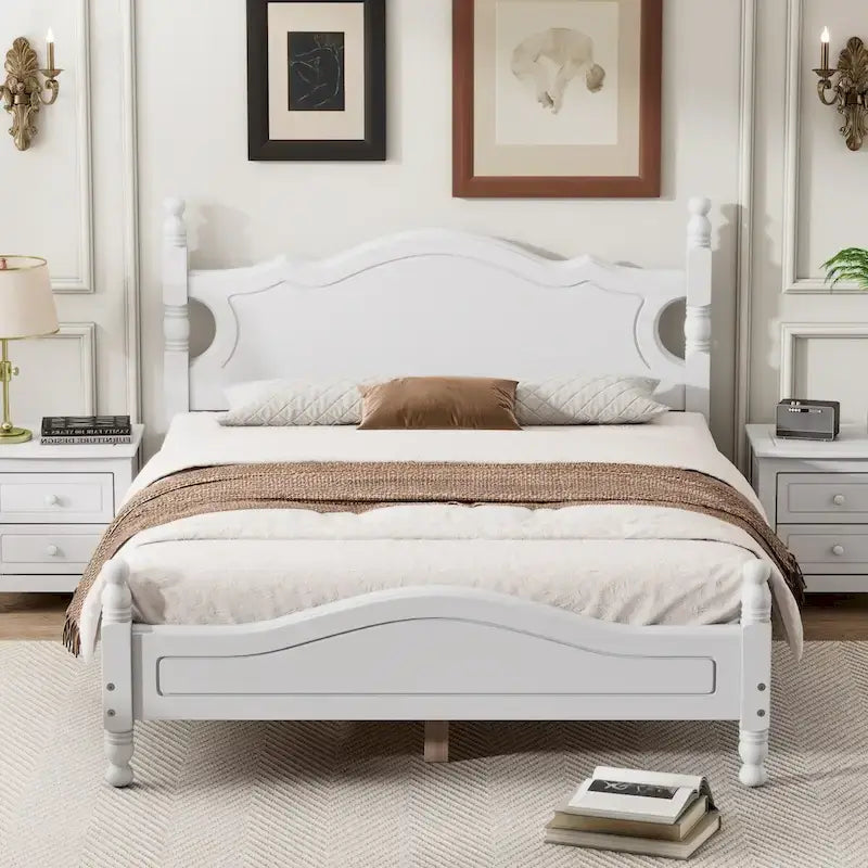 Full Size Retro Style Wood Platform Bed Frame with Headboard and Wooden Slat Support