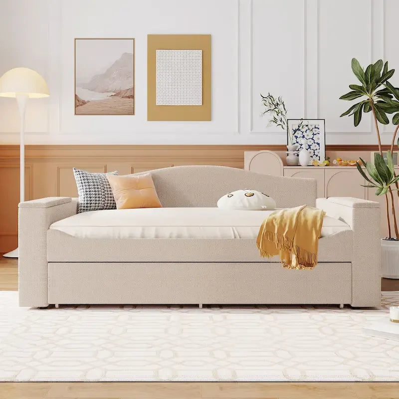 Full Size Upholstered Daybed with Storage Armrests and Trundle