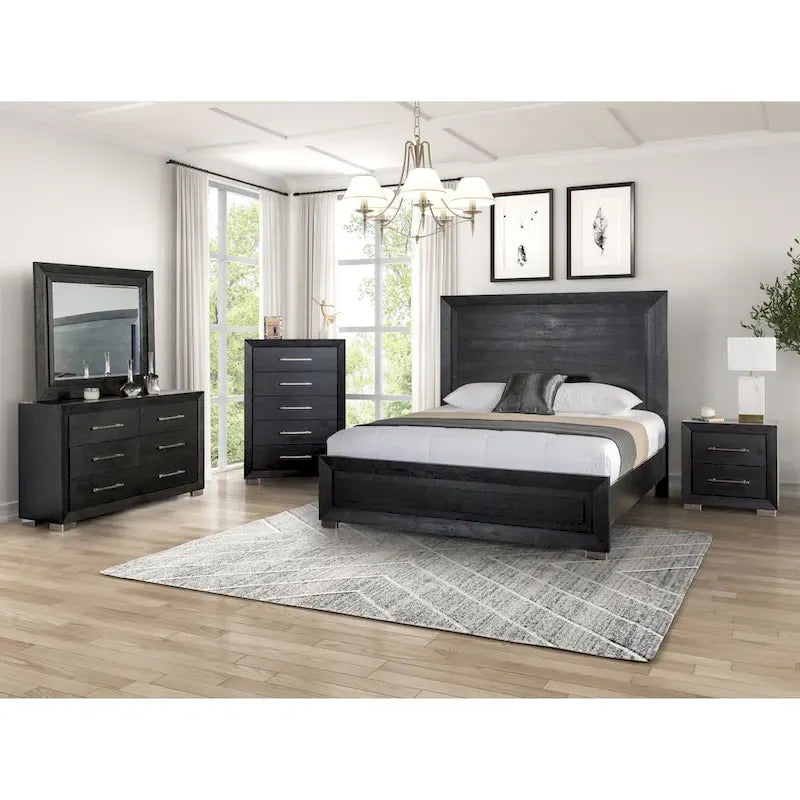 Furniture of America Alaric Modern Black Solid Wood 3-Piece Bed and 2 Nightstand Bedroom Set With LED Headboard