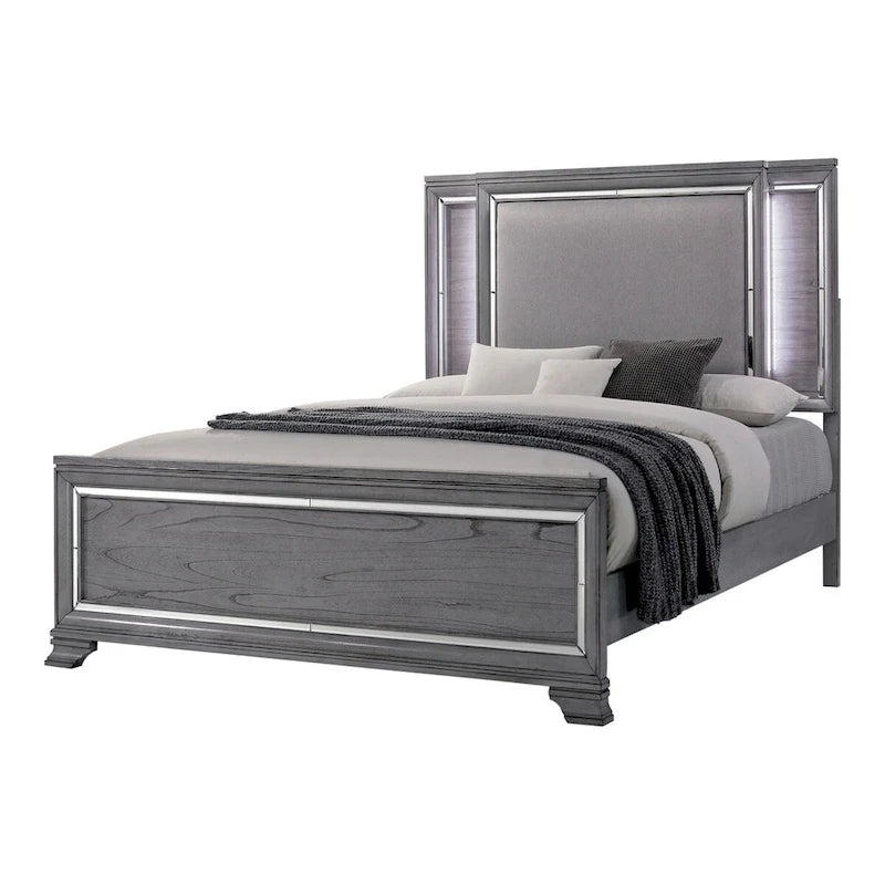 Furniture of America Taia Contemporary Grey 2-Piece Panel Bed and Chest Set with LED