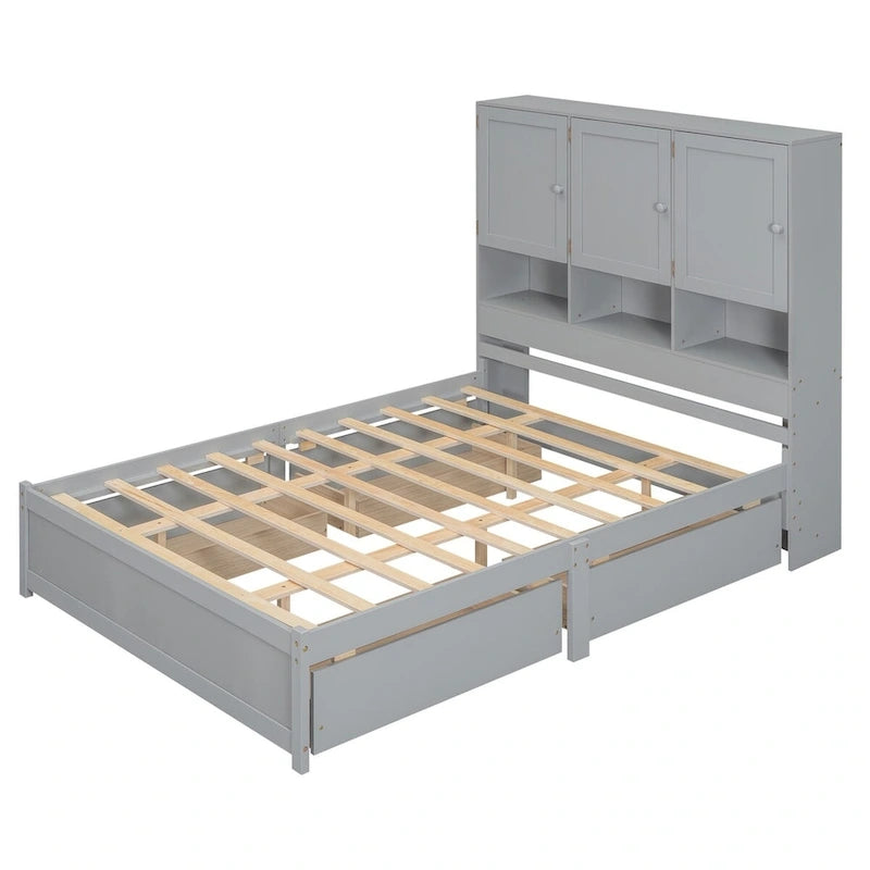 Queen Size Platform Bed with Storage Headboard and 4 Drawers
