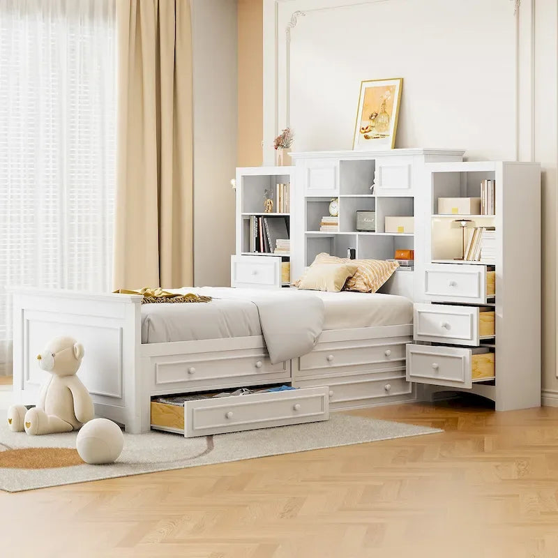 Twin Size Wood Platform Bed Frame with Vertical All-in-One Cabinet and 4 Drawers on each side