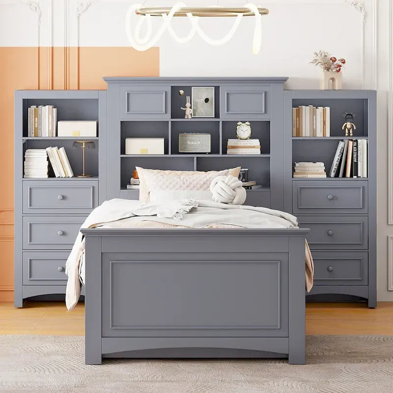 Twin Size Wood Platform Bed Frame with Vertical All-in-One Cabinet and 4 Drawers on each side