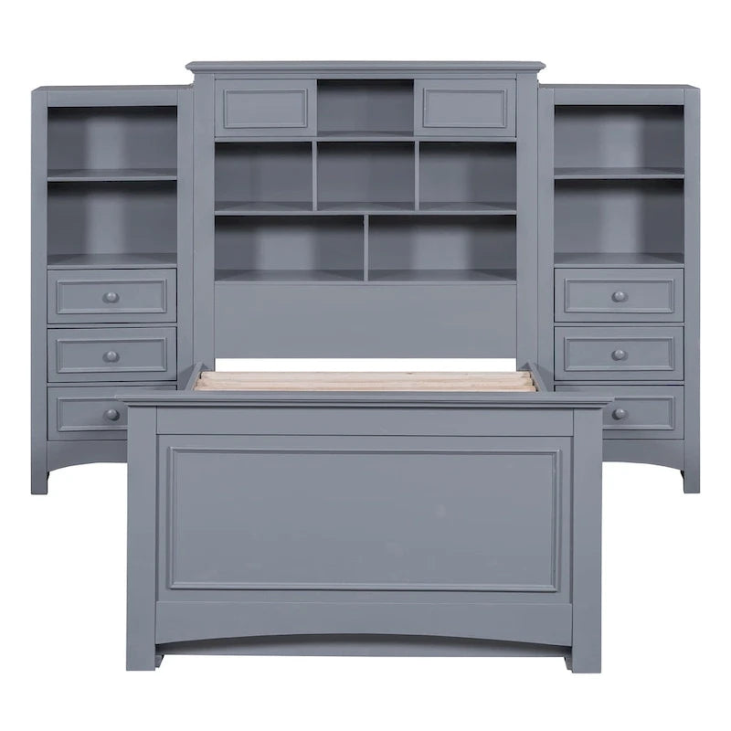 Twin Size Wood Platform Bed Frame with Vertical All-in-One Cabinet and 4 Drawers on each side