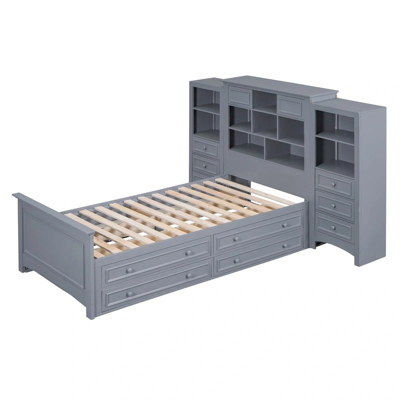 Twin Size Wood Platform Bed Frame with Vertical All-in-One Cabinet and 4 Drawers on each side