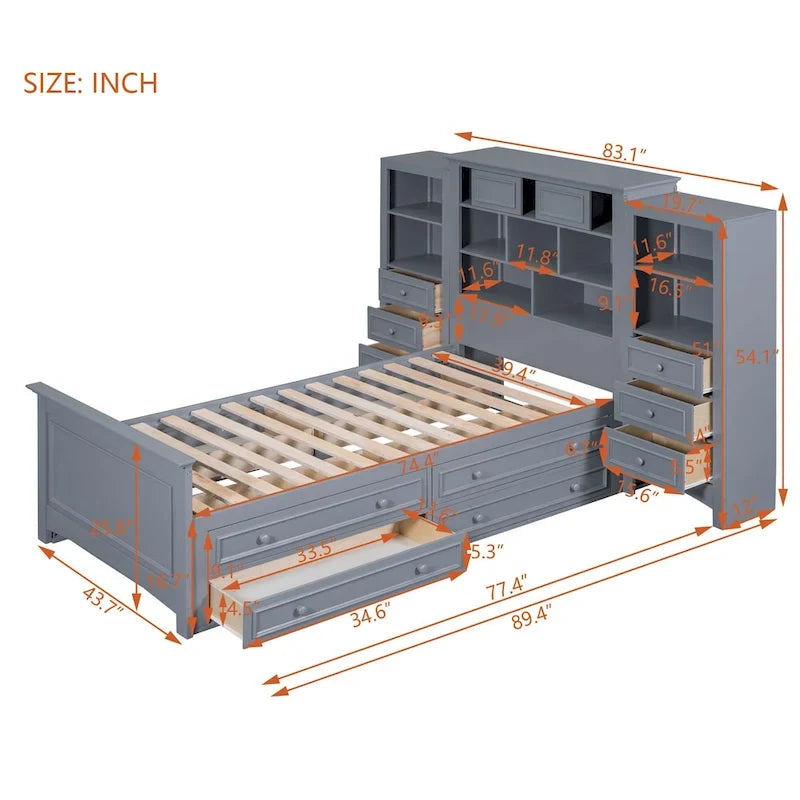 Twin Size Wood Platform Bed Frame with Vertical All-in-One Cabinet and 4 Drawers on each side