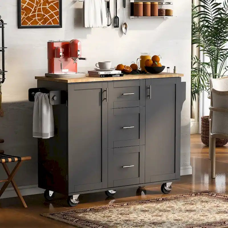 50 in. W Kitchen Island Rubberwood Top on 5 Wheels with 3 Drawers and 2 Slide-Out Shelf