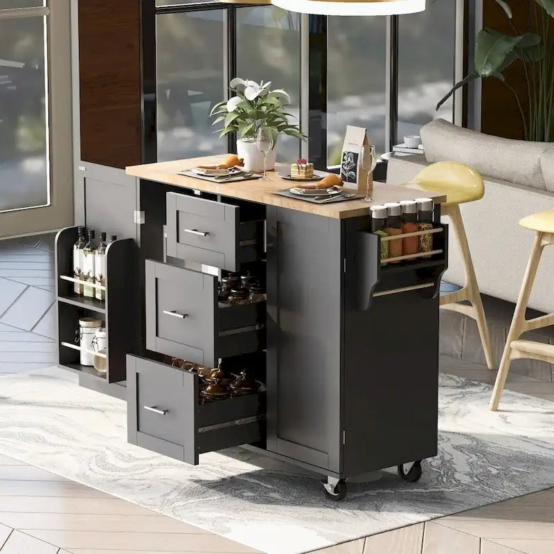 50 in. W Kitchen Island Rubberwood Top on 5 Wheels with 3 Drawers and 2 Slide-Out Shelf