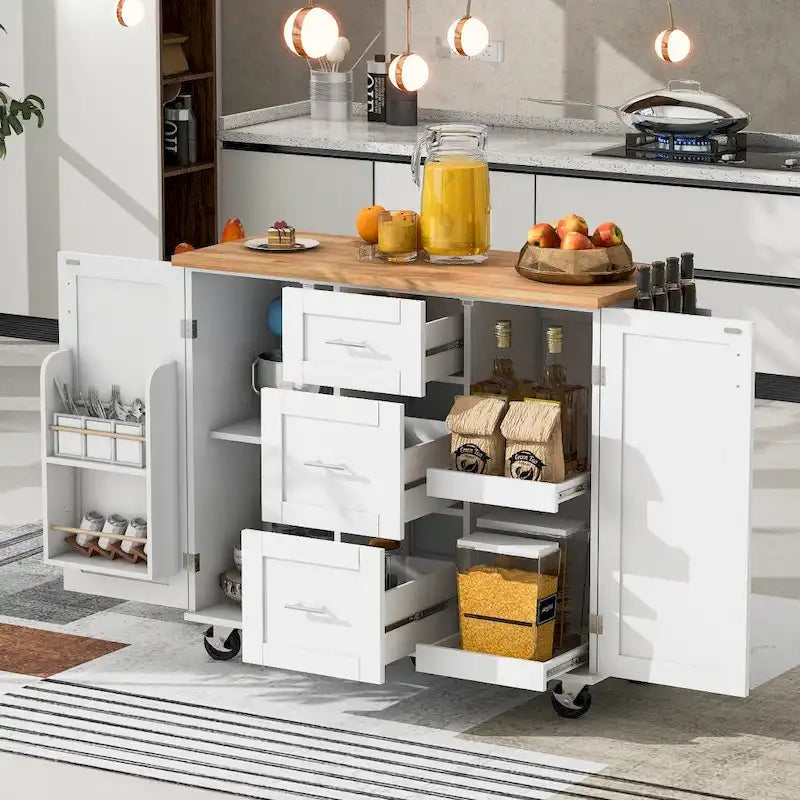 50 in. W Kitchen Island Rubberwood Top on 5 Wheels with 3 Drawers and 2 Slide-Out Shelf
