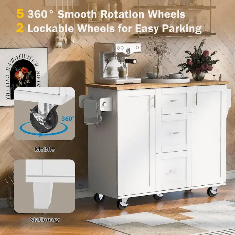 50 in. W Kitchen Island Rubberwood Top on 5 Wheels with 3 Drawers and 2 Slide-Out Shelf