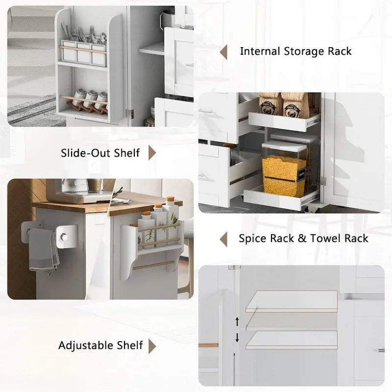 50 in. W Kitchen Island Rubberwood Top on 5 Wheels with 3 Drawers and 2 Slide-Out Shelf