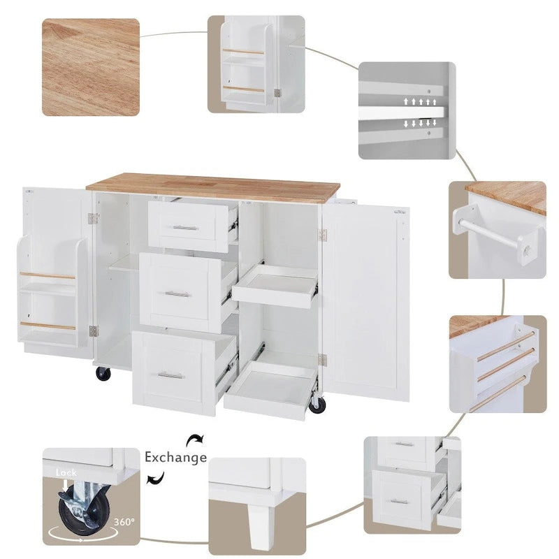 50 in. W Kitchen Island Rubberwood Top on 5 Wheels with 3 Drawers and 2 Slide-Out Shelf