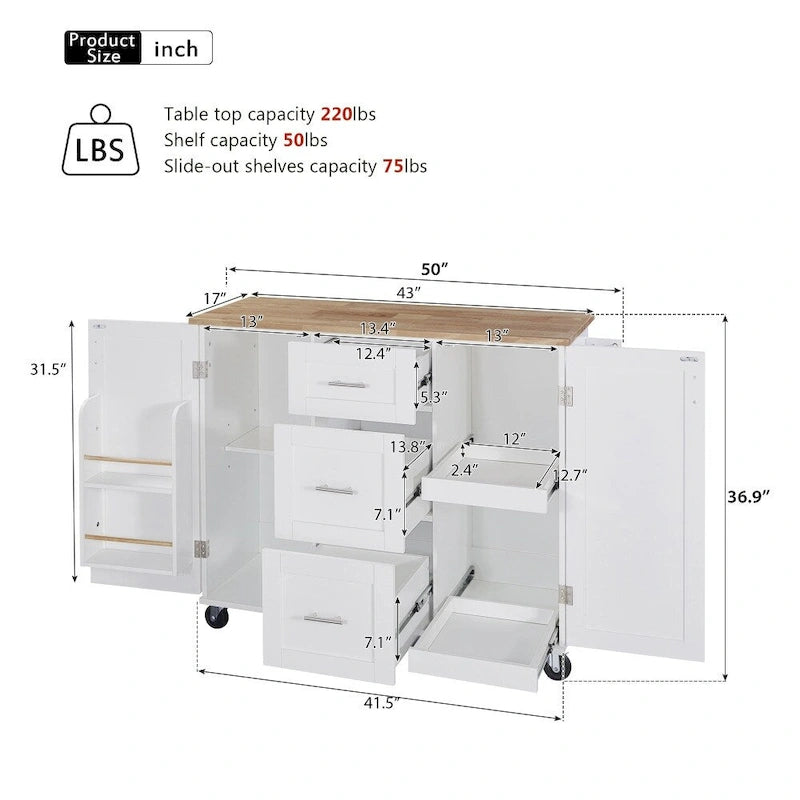 50 in. W Kitchen Island Rubberwood Top on 5 Wheels with 3 Drawers and 2 Slide-Out Shelf