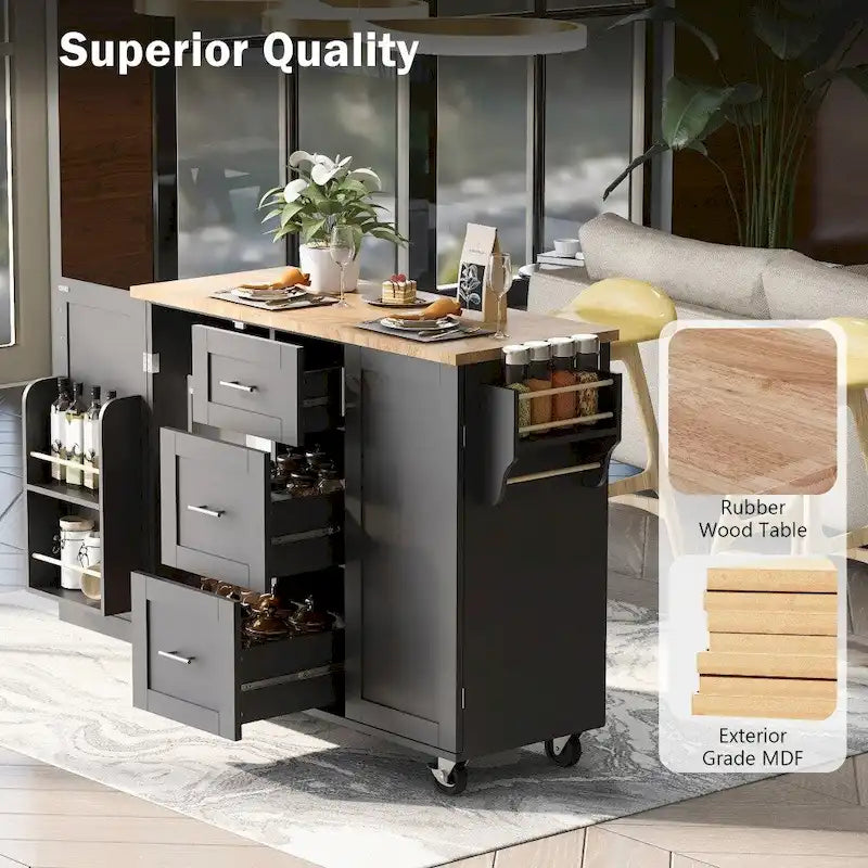 50 in. W Kitchen Island Rubberwood Top on 5 Wheels with 3 Drawers and 2 Slide-Out Shelf
