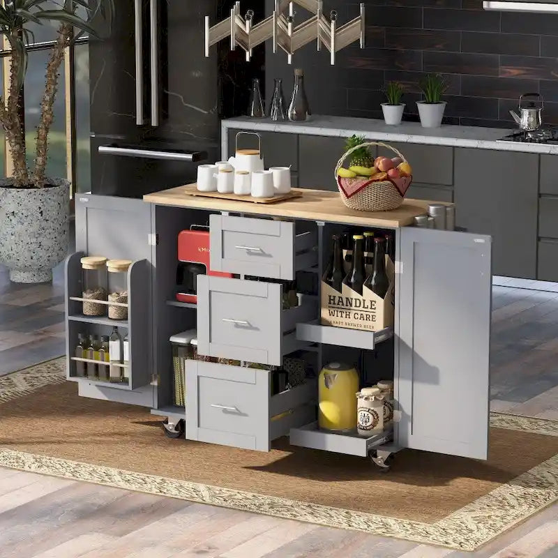 50 in. W Kitchen Island Rubberwood Top on 5 Wheels with 3 Drawers and 2 Slide-Out Shelf