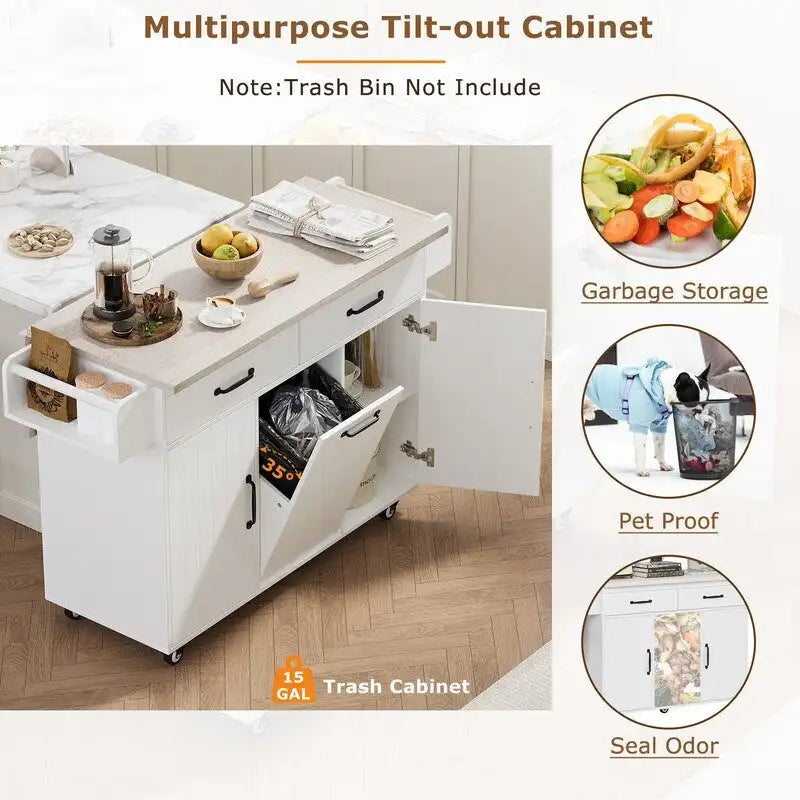 Rolling Kitchen Island with Trash Can, Kitchen Cart with Drop Leaf, Adjustable Shelf