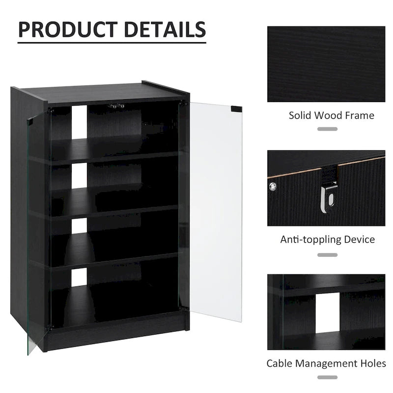 5-Tier Media Stand Cabinet with 3-Level Adjustable Shelves, Tempered Glass Doors, and Cable Management, Distressed Black