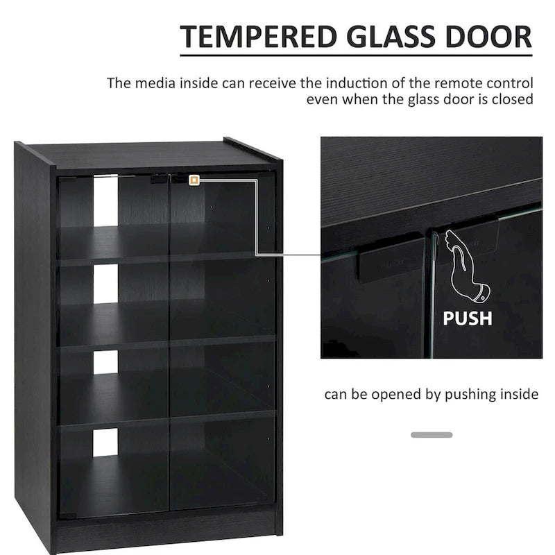 5-Tier Media Stand Cabinet with 3-Level Adjustable Shelves, Tempered Glass Doors, and Cable Management, Distressed Black